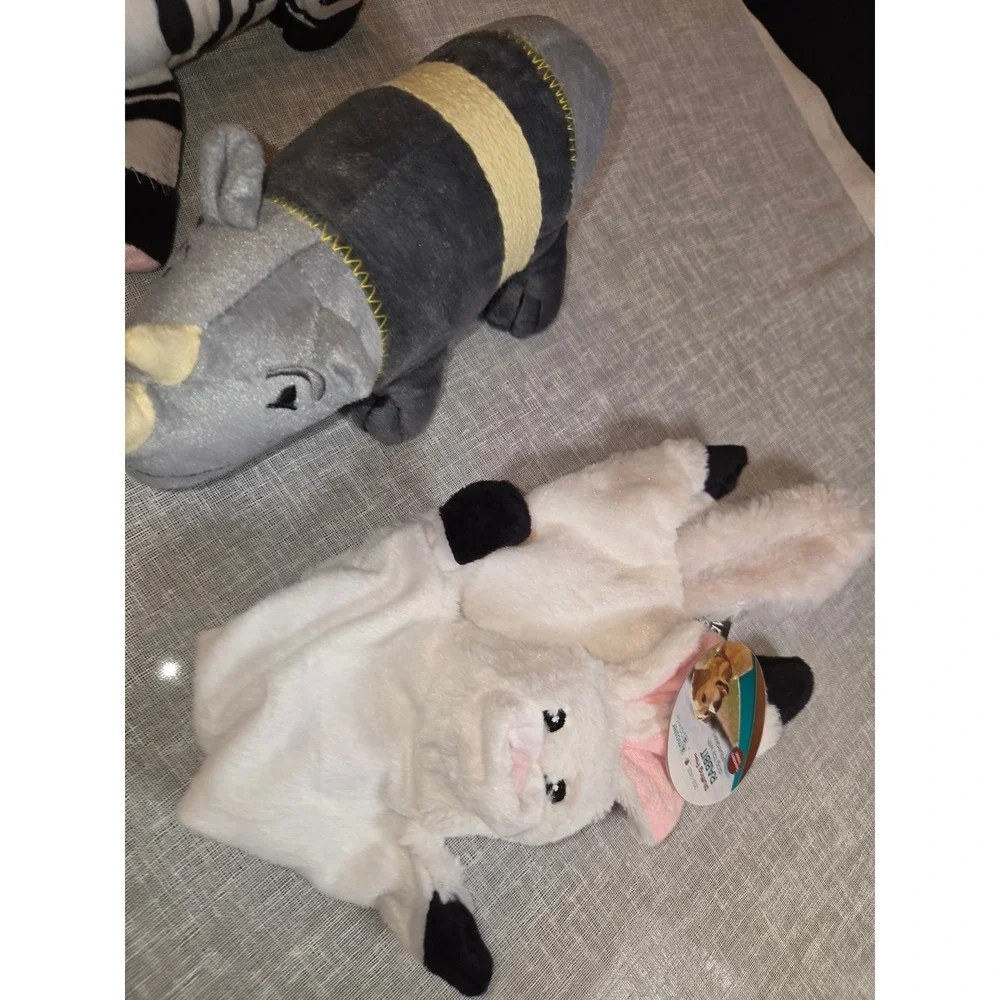 Lot of 3 Squeaky Dog Toys Zebra Rhino Stuffingless Rabbit Plush Pet Toy Bundle